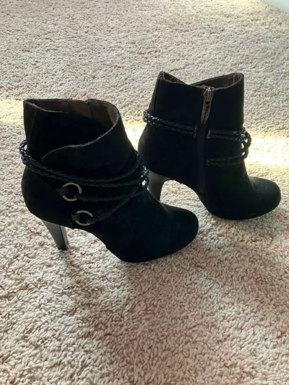 Tamaris Women's Black Suede Leather Ankle Booties with Braided Strap Detail